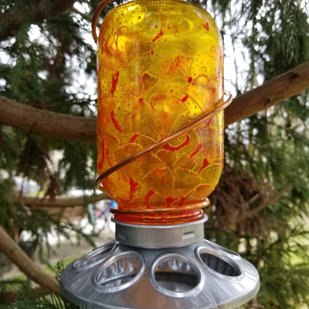 Handmade Bird feeder. Handpainted. Golden ginkgo